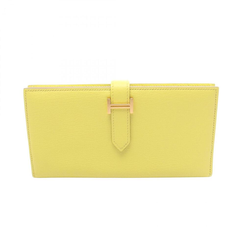 Hermes Bearn Soufflé Lime Bi-fold Long Wallet, Chevre Leather, Women's, Yellow